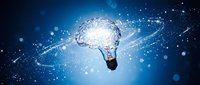 Creative lightbulb with brain inside surrounded by glowing network connections and particles on blue background for innovation and technology concepts.