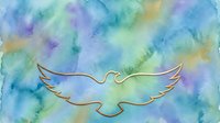 Dove silhouette outlined in gold on soft watercolor wash background with blended blue, purple, green and yellow tones. Suitable for peace, spirituality and wellness designs.