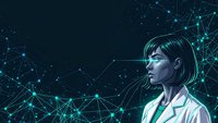 Female scientist in lab coat analyzing digital network connections and data visualization technology for research and innovation.