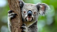 Curious koala bear peeking from behind eucalyptus tree trunk with bright eyes and distinctive nose, showing natural behavior in Australian wildlife habitat.