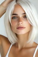 Young woman with platinum blonde bob haircut, natural freckles, and bright blue eyes looking directly at camera. Soft natural makeup and white tank top against light background.