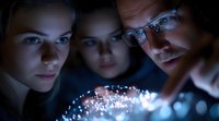 Three diverse professionals examining glowing holographic data visualization in dark laboratory environment for technology research and development.