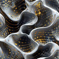 Abstract liquid metal waves with golden particles on dark background create dynamic flowing pattern. Seamless design for luxury packaging and modern decor.