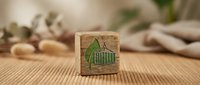Wooden cube block with green eco house icon on natural wood surface representing sustainable living and environmental responsibility concepts.