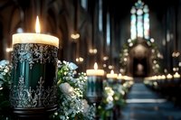 Ornate candles with white flowers create sacred atmosphere in gothic cathedral interior with stained glass windows and warm lighting for worship ceremonies.