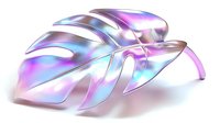 Holographic monstera leaf with iridescent pink and blue gradient effect on white background, isolated botanical design element for creative projects.