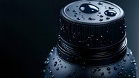 Closeup of water droplets covering black spray bottle cap and nozzle against dark background, suitable for cleaning product advertising and household supplies marketing.