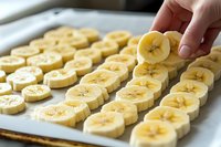 Fresh sliced bananas arranged in rows on baking sheet, hand placing yellow banana slice, preparation for making dried fruit or healthy snacks.