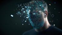 Surreal portrait of male head dissolving into digital particles and binary code fragments against dark background, representing artificial intelligence and consciousness.