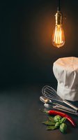 Vintage Edison bulb illuminates chef hat and kitchen utensils with fresh herbs on dark background for culinary cooking and restaurant concepts.