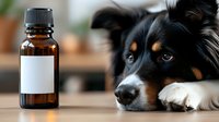 Small amber glass bottle with blank white label next to adorable black and tan puppy lying on wooden surface for pet care aromatherapy products.