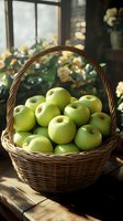 Fresh green apples in woven basket by window with soft natural lighting and white roses in background, creating cozy rustic atmosphere for food photography.