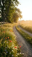 Dirt road curves through golden wheat field at sunrise with wildflowers and wooden fence lining the path, ideal for rural and agricultural design projects.