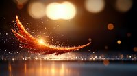 Magical glowing phoenix bird rising from water surface with sparkles and light reflections against dark background with bokeh lights and city silhouette.
