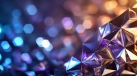 Metallic polygonal surface with blue and golden bokeh lights background creates futuristic technological abstract pattern with crystalline structure.
