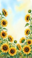 Watercolor sunflower border frame with bright yellow blooms and green leaves on soft blue sky background for greeting cards and invitations.