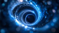 Glowing spiral tunnel with blue light particles and bokeh effects creating mystical space vortex atmosphere. Abstract cosmic background for sci-fi concepts.