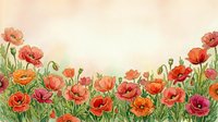 Watercolor poppy flowers border with coral and pink blooms on textured paper background for spring garden designs and botanical decorative projects.