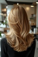 Woman with layered blonde hair showing voluminous styling and highlights from behind in modern salon setting for beauty and haircare concepts.