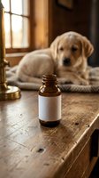 Amber glass dropper bottle with blank label on rustic wooden table, Labrador dog resting in warm background, pet wellness mockup.