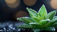 Fresh green succulent plant with morning dew drops on leaves against dark background with bokeh lights, macro nature photography for wellness and spa designs.