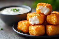 Crispy golden potato croquettes filled with creamy white cheese, stacked on dark plate with sour cream dip and fresh herbs, close up macro food photography.