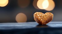 Heart shaped cookie with sugar crystals on dark surface against blurred golden bokeh lights background, romantic mood for Valentine's day celebration.