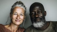 Senior woman with gray hair and mature Black man with white beard posing together against neutral background, representing diversity and aging with dignity.