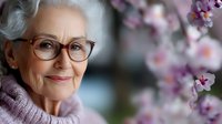 Senior woman with gray hair and eyeglasses smiling near blooming purple flowers, representing aging, wellness, and natural beauty for lifestyle and healthcare content.