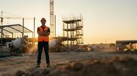 Confident male construction worker in orange safety vest and helmet stands at building site during golden sunset.