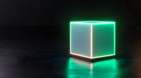 Glowing neon cube with green light effect on dark reflective surface creates futuristic atmosphere. Modern minimalist design element for technology concepts.