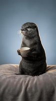 Adorable otter sitting upright holding coffee cup on soft fabric surface against gradient background for humorous animal concepts.