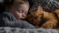 Peaceful sleeping child and ginger cat cuddling together under cozy gray knitted blanket, creating tender moment of companionship and comfort.