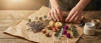 Woman arranging dried flowers and herbs on kraft paper for floral design, craft projects, and botanical decoration work on wooden surface.