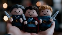 Handmade crochet fantasy warrior dolls with tiny swords and capes on dark background with bokeh lights, amigurumi medieval knight characters for children.