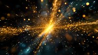 Cosmic explosion with golden light burst and glowing particles against dark space background, creating dynamic energy effect with bokeh elements.