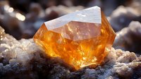 Glowing amber citrine crystal formation on natural stone matrix illuminated by sunlight, showcasing translucent facets and geometric crystalline structure.