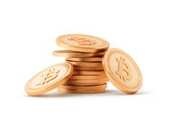 Stack of golden bitcoin coins on white background, cryptocurrency finance concept, digital money symbol isolated for business and banking designs.