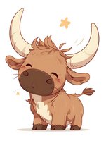 Cute cartoon highland cow calf with large horns and fluffy brown fur standing in kawaii anime style on white isolated background for children design.