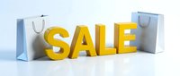 Bold yellow SALE letters with white shopping bags on a light background, promoting retail discount events, seasonal clearance, and special offers.