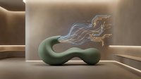 Organic curved furniture piece with flowing neon light trails in modern minimalist interior space, contemporary design concept for home decor and artistic installations.