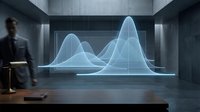 Man in business attire observing holographic data visualization with glowing blue wave graphs in modern corporate environment for analytics and technology concepts.