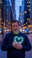 Middle-aged Caucasian man holding glowing neon heart light in urban city street at dusk with bokeh lights creating romantic atmosphere for love concepts.