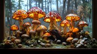 Glowing mushrooms in dark forest, magical illuminated fungi cluster growing on mossy ground with mystical light effect, fantasy woodland scene at dusk.