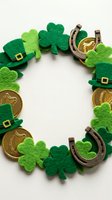 St Patricks Day circular frame with shamrocks, leprechaun hats, gold coins and horseshoes on white background for festive holiday decorations.