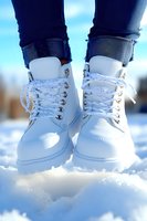 White winter boots with laces hovering above fresh snow, paired with rolled-up dark jeans, against bright blue sky background. Lifestyle fashion shot in cold weather.