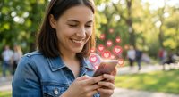 Young woman smiling while using smartphone with heart icons floating above screen, representing social media engagement and digital communication outdoors.