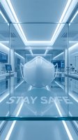 Futuristic laboratory corridor with glowing blue lights, white protective face mask, and Stay Safe text for health and safety campaigns.