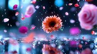 Dreamy floral composition with coral gerbera daisy floating in air with pink rose petals, water reflection and bokeh lights creating magical atmosphere.