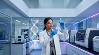 Asian female scientist in white lab coat examining test tube in modern laboratory with DNA helix hologram and advanced equipment for medical research and biotechnology.